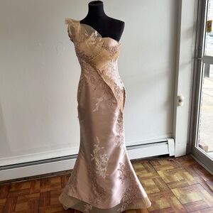 Terani Couture Blush Pink One-Shoulder Embroidered Satin Maxi Dress